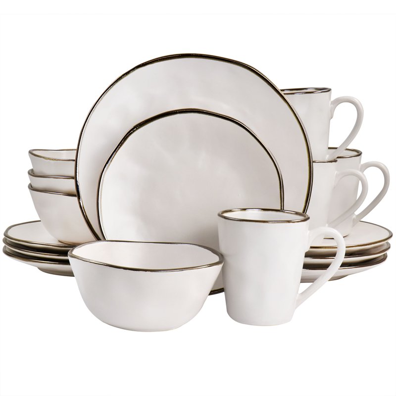 16 Piece Stoneware Dinnerware Set - Matte White with Gold Rim