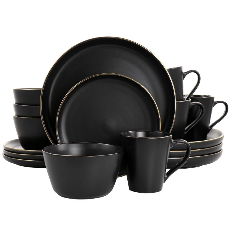 16 Piece Matte Black Stoneware Dinnerware Set with Gold Trim