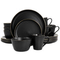 16 Piece Matte Black Stoneware Dinnerware Set with Gold Trim