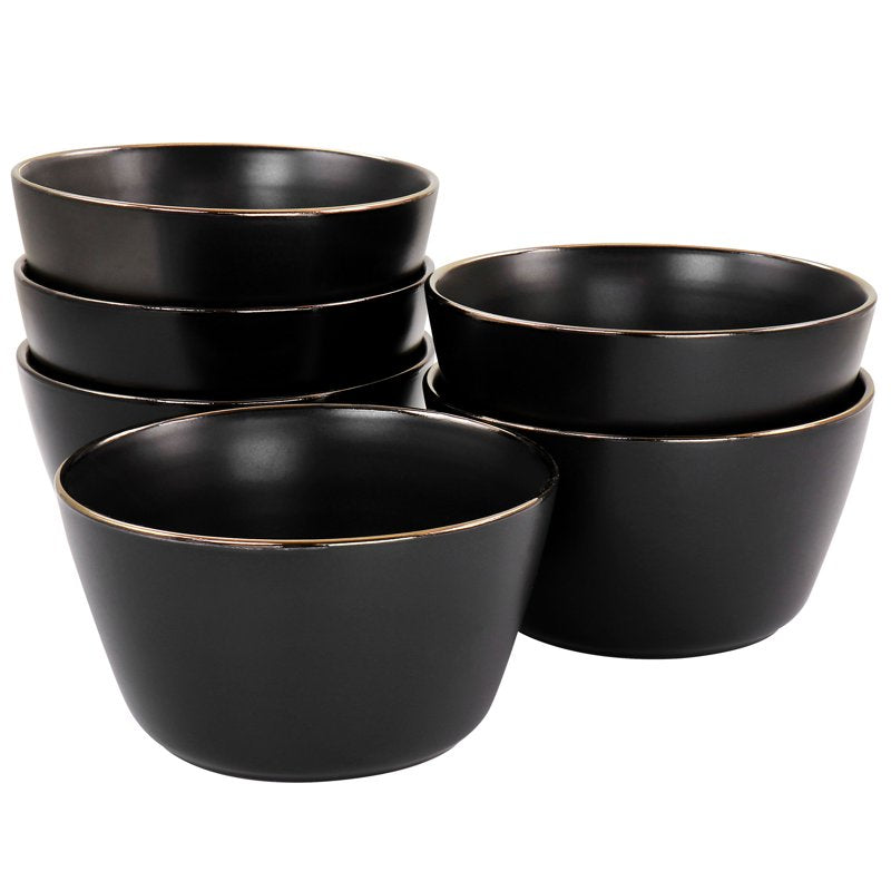 6 Piece Matte Black Stoneware Bowl Set with Gold Rim