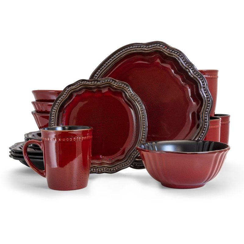 16-Piece Stoneware Dinnerware Set in Red - Unique Contemporary Design