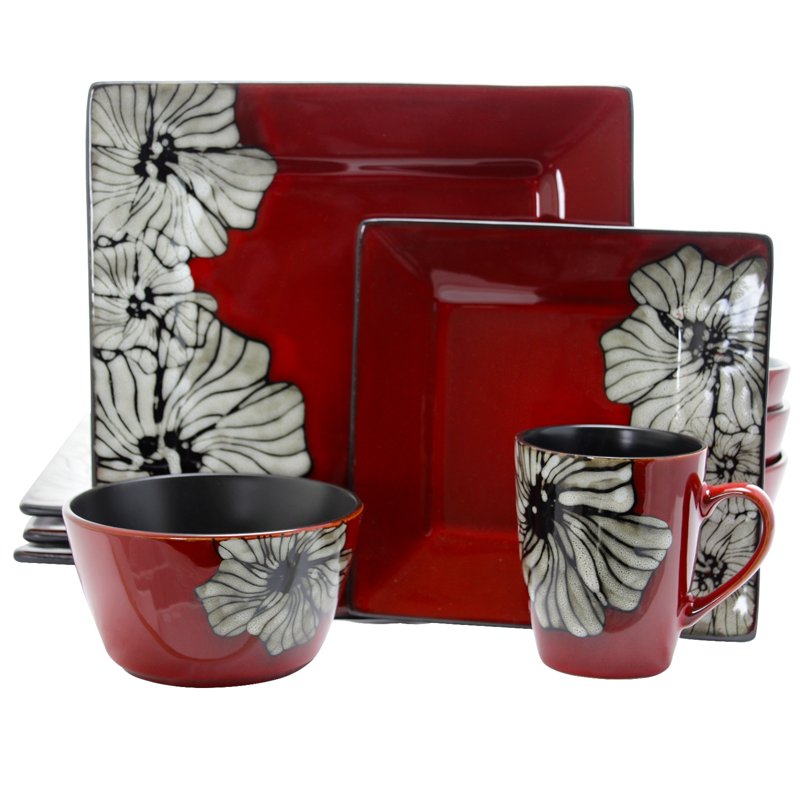 16-Piece Square Stoneware Dinnerware Set - Winter Bloom