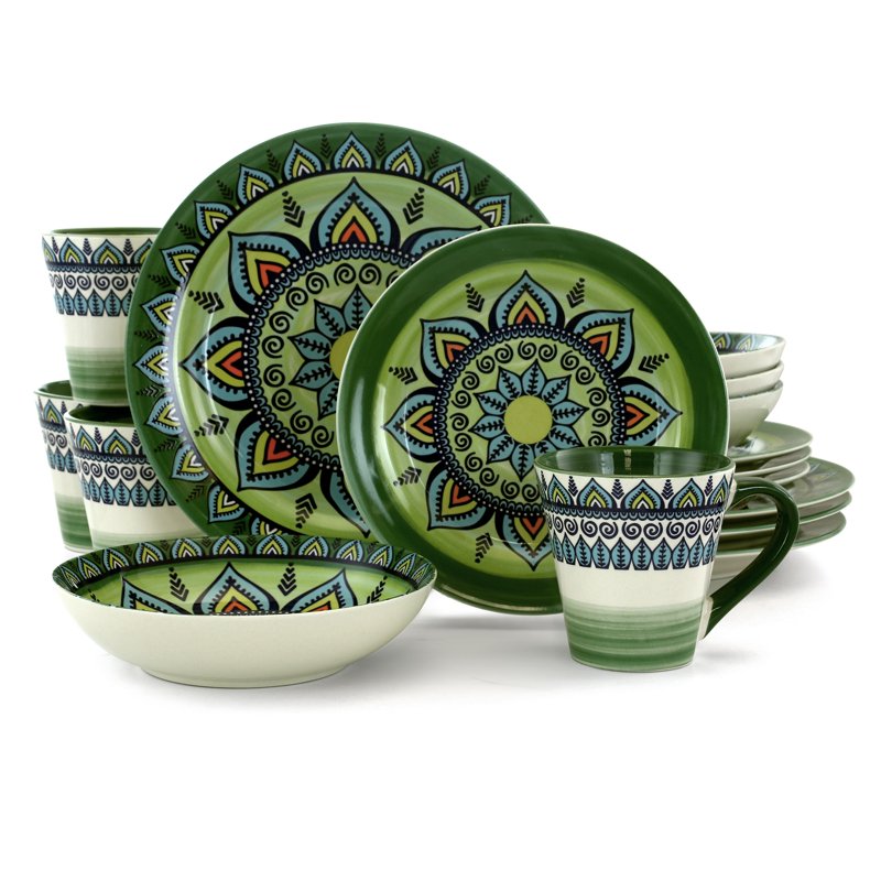 16-Piece Green Mozaik Dinnerware Set - Stoneware