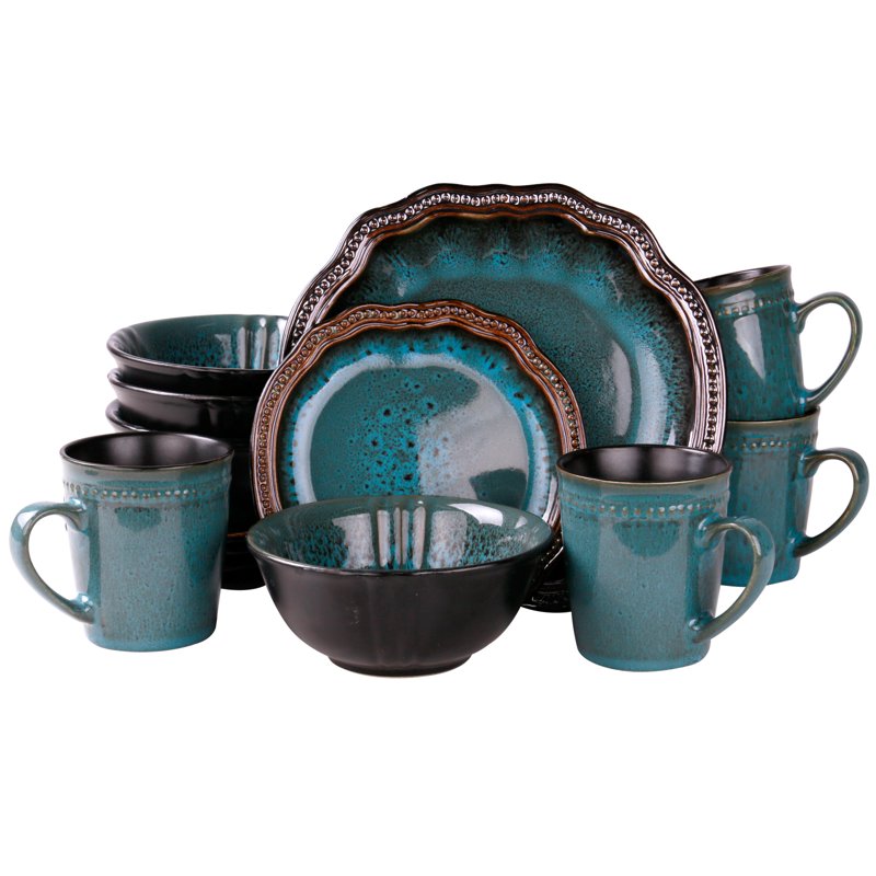 16-Piece Mystic Waves Dinnerware Set - Glazed Blue Stoneware