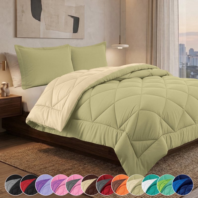 Reversible Down Alternative Comforter Set Full/Queen - Sage and Cream, All-Season Microfiber Bedding
