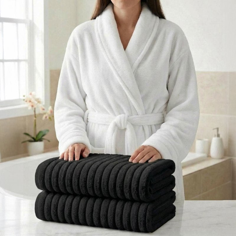 Luxury Spa Bath Set - Plush Robe & 2 Ribbed Towels, Black, Large