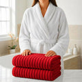 Red Spa Bath Set - Plush Bathrobe & 2 Ribbed Towels, Small - Hotel Quality