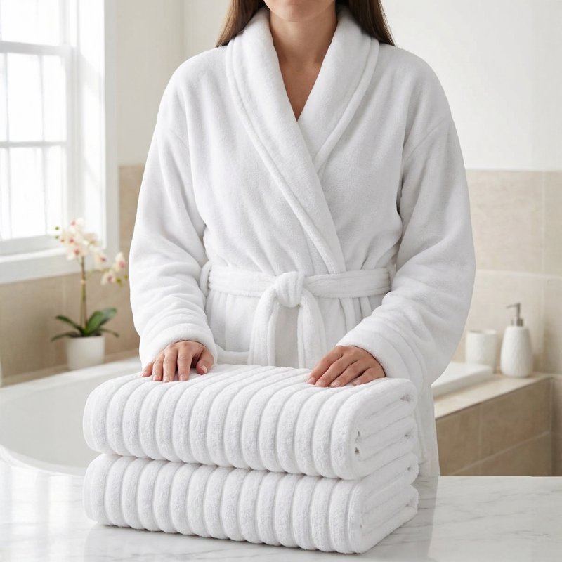White Small Spa Bath Set with Plush Robe & Ribbed Towels – Hotel Quality