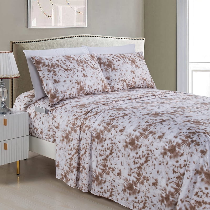 Full Size Tie Dye Bed Sheets - Taupe Microfiber 1500 Thread Count - Elegant Comfort