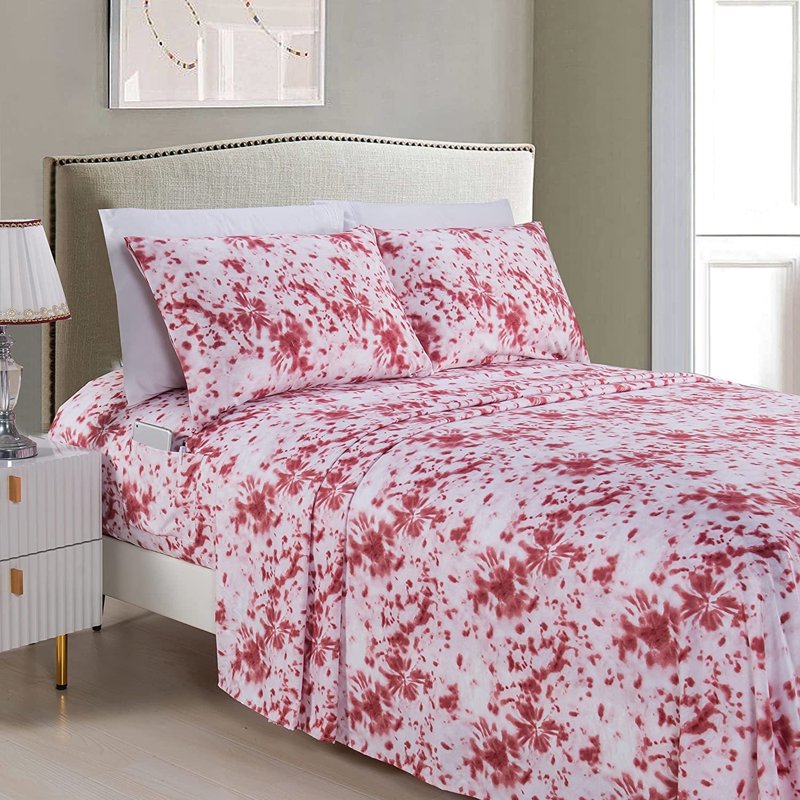 Queen Tie-Dye Burgundy Microfiber Bed Sheets Set - Elegant Comfort 1500 Series