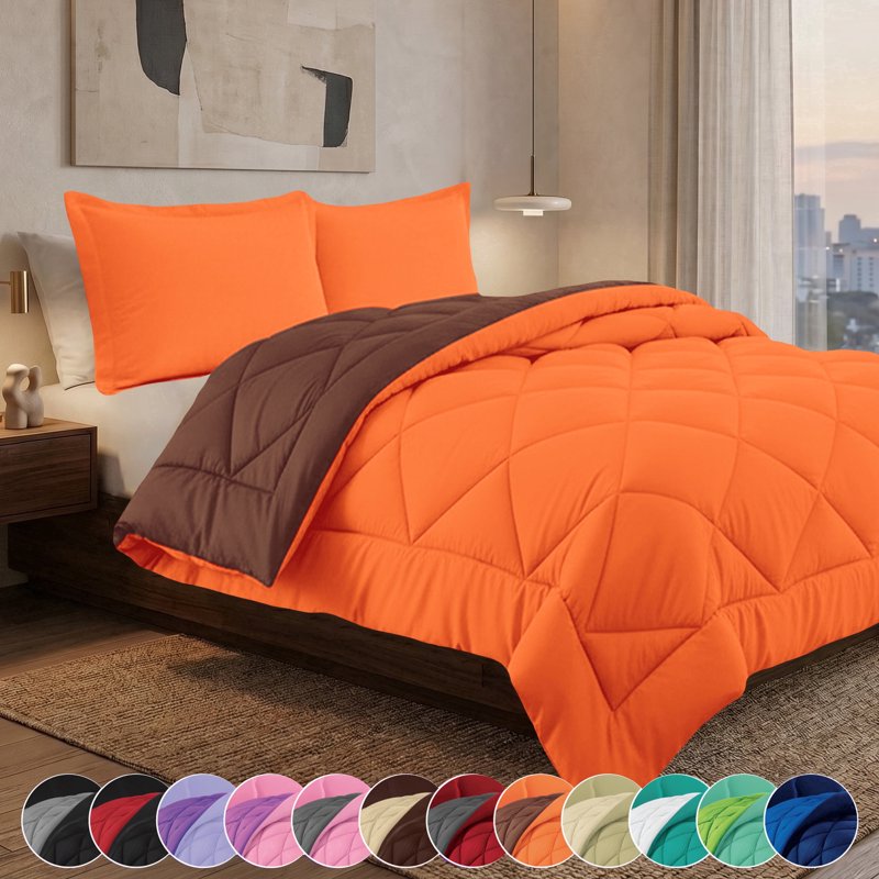 Reversible Down Alternative Comforter Set - Full/Queen, Orange & Brown Microfiber Bedding