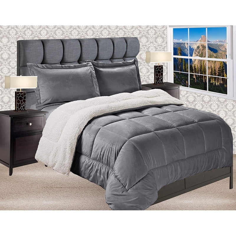 Full Reversible Down Alternative Micro Suede Comforter Set with Sherpa Back - Grey