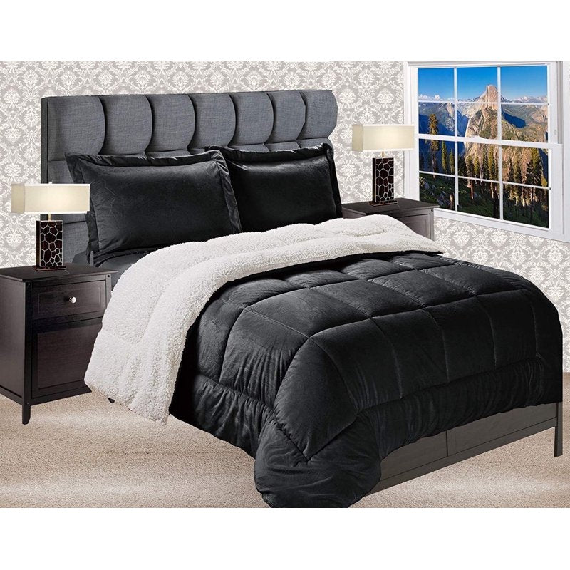 Queen Black Reversible Down Alternative Micro Suede Comforter Set - Elegant Comfort