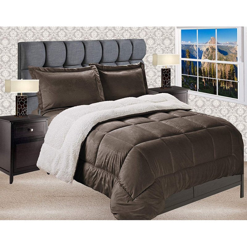 Queen Reversible Down Alternative Micro Suede Comforter Set Brown