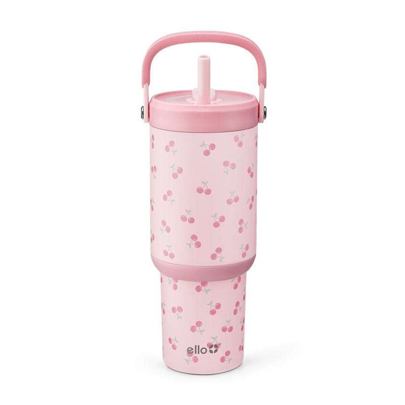 24oz Stainless Steel Tumbler with Retracting Straw - Pink Cherries