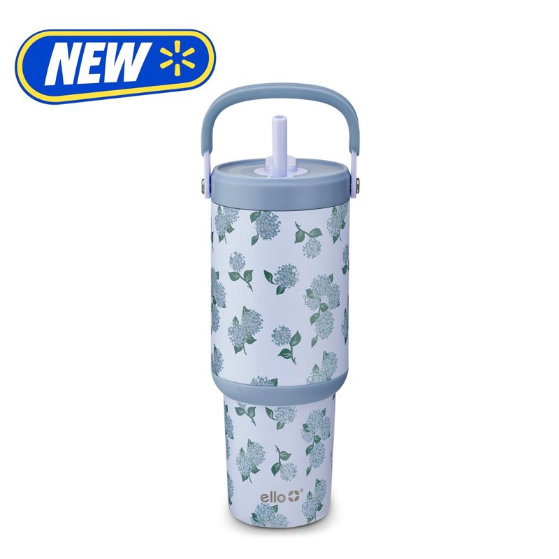 30oz Stainless Steel Tumbler with Top Handle & Straw - Hydrangea Blooms