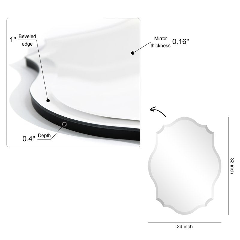 Frameless Beveled Oblong Wall Mirror 24x32 Inches - No Frame