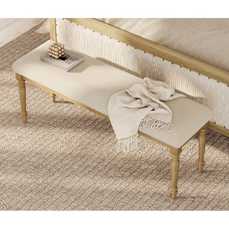 Upholstered Oak Bench - 52-Inch Farmhouse Style for Bedroom & Entryway