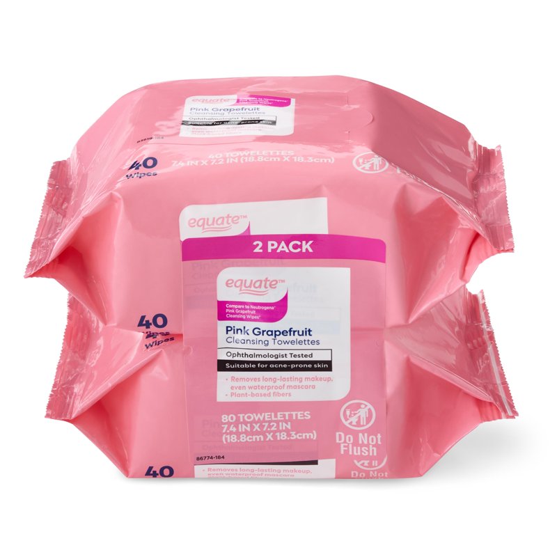 Pink Grapefruit Facial Cleansing Wipes - Makeup Remover Towelettes, 80 Count