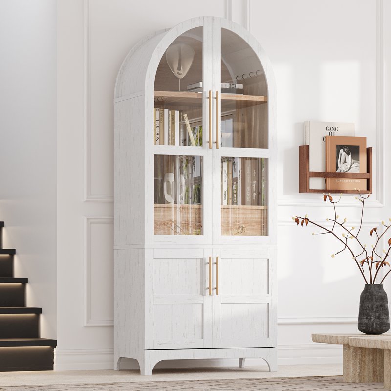 71” Arched Kitchen Pantry Cabinet with Glass-Enclosed Top Shelf