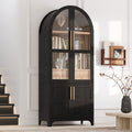 Arched Kitchen Pantry Cabinet with Soft-Close Doors - Black Glass-Enclosed Top Shelf
