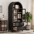 Arched Storage Cabinet with Glass Doors - Black, Adjustable Shelves & Drawers