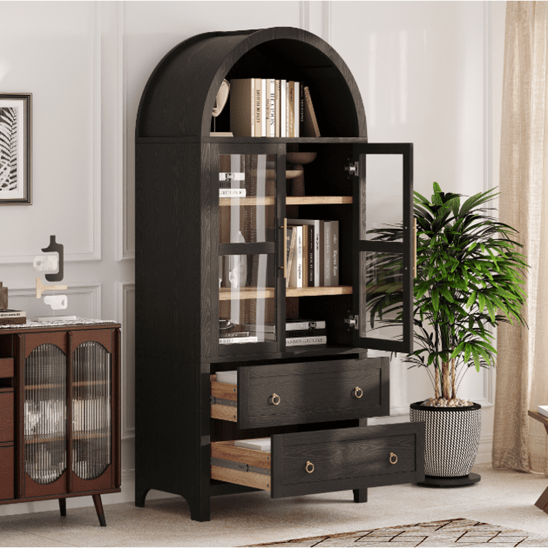 Arched Storage Cabinet with Glass Doors - Black, Adjustable Shelves & Drawers
