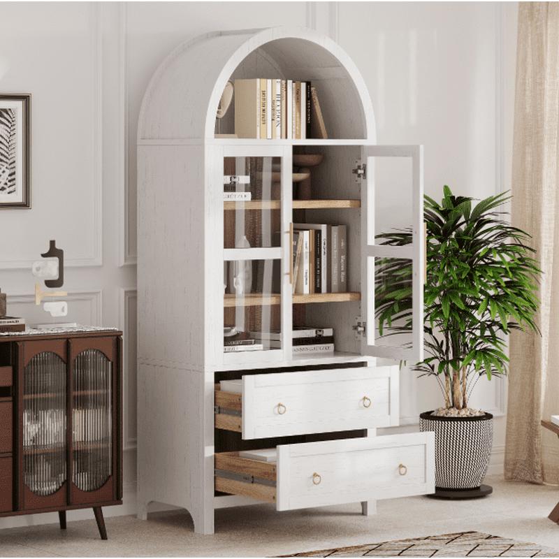 Arched Storage Cabinet with Glass Doors - White, Adjustable Shelves & Drawers