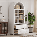 Arched Storage Cabinet with Glass Doors - White, Adjustable Shelves & Drawers