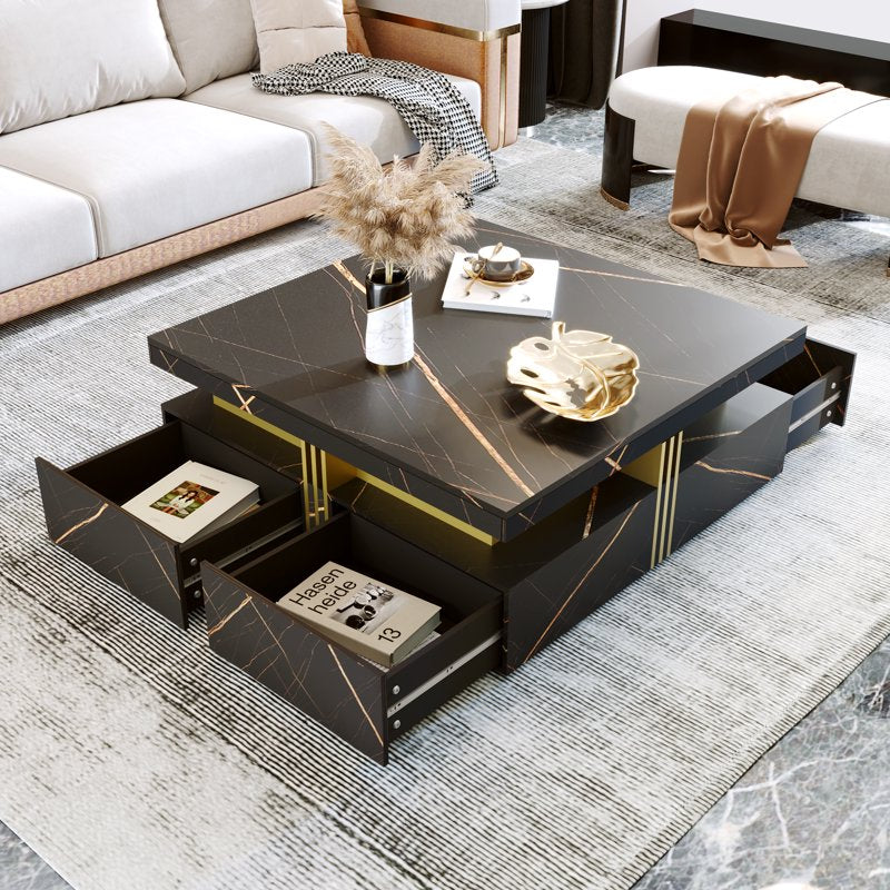 Modern Black Square Coffee Table with 4 Storage Drawers