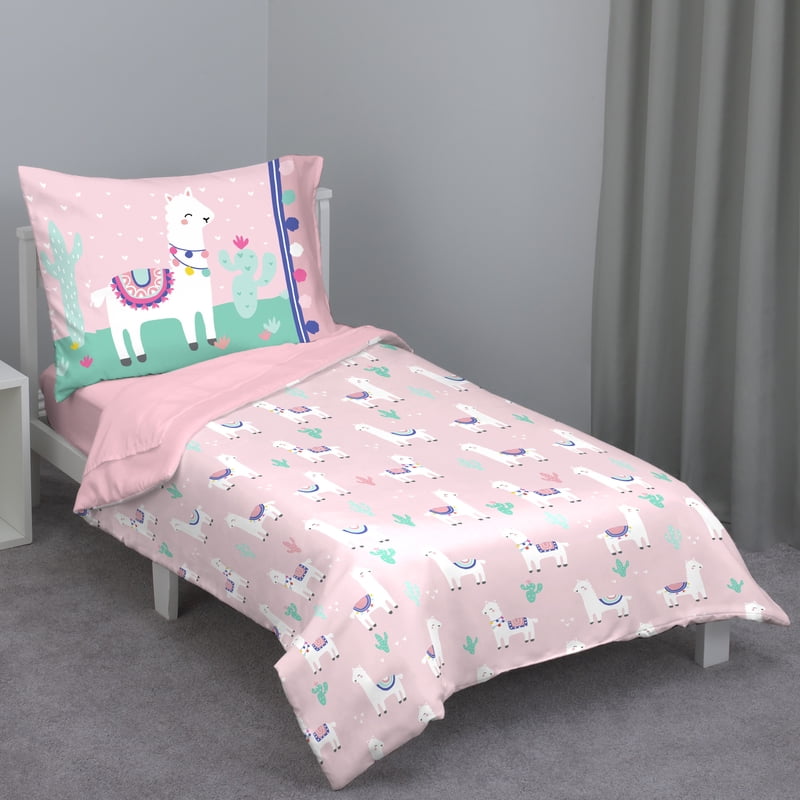 Toddler Bedding Set 4-Piece Llama Pink Comforter Sheets Pillowcase