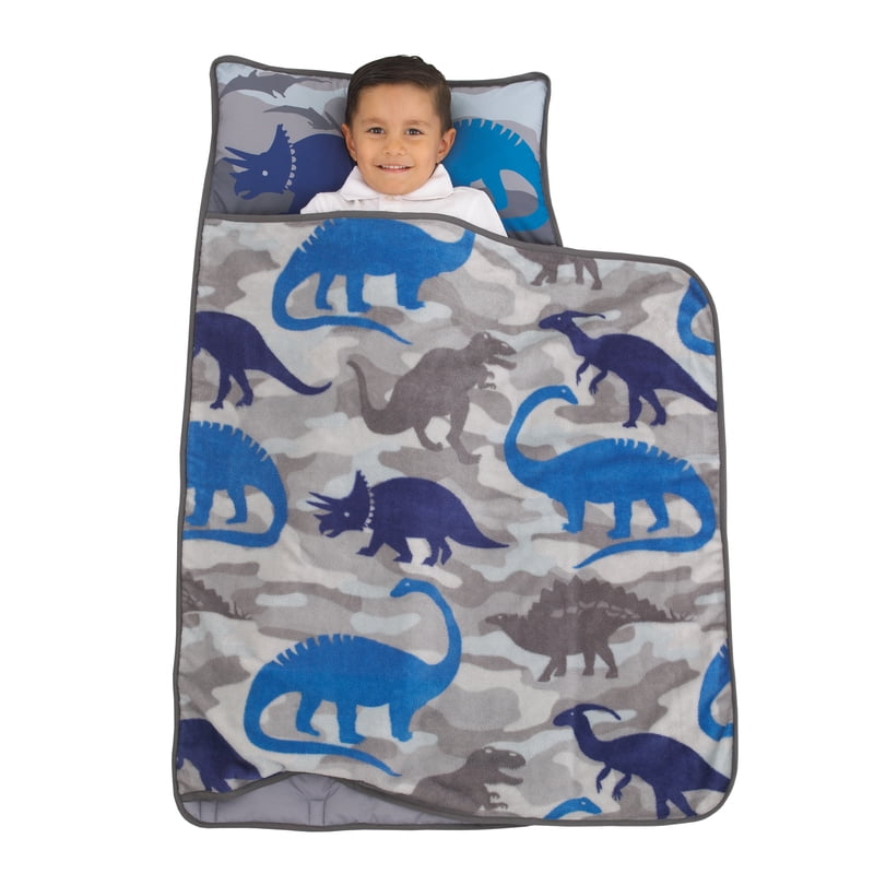 Kids Blue Dinosaur Toddler Nap Mat with Handle & Blanket - Preschool & Daycare