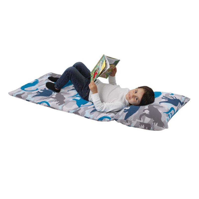 Kids Dino Nap Mat - Large Foldable Preschool Bed with Handles, Navy & Gray