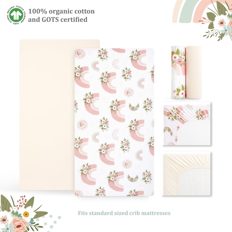 Evolur RainBoho Collection 2-Piece Organic Cotton Sheet Set - Light Peach Rainbow Print