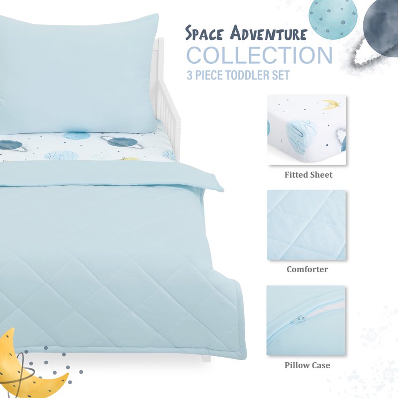 Toddler Bed Set with Organic Cotton Fitted Sheet & Comforter - Space Adventure Arctic Blue