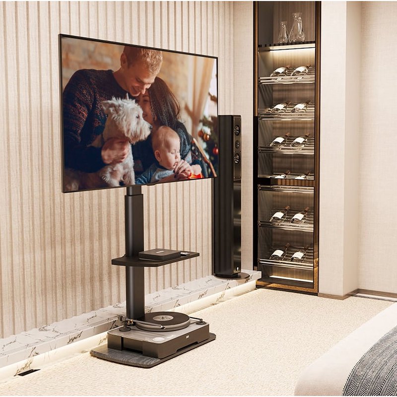 Universal Floor TV Stand for 32-70 Inch TVs - Adjustable Height, Swivel Mount, Sturdy Wood Base