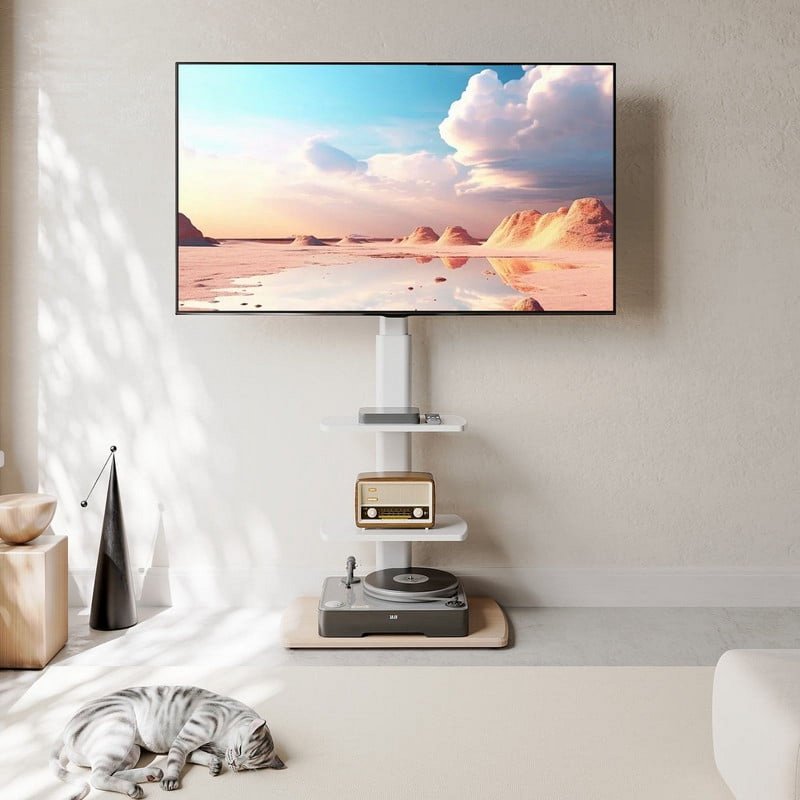 Universal Floor TV Stand for 32-70 Inch TVs - Adjustable Height, Swivel Mount, White