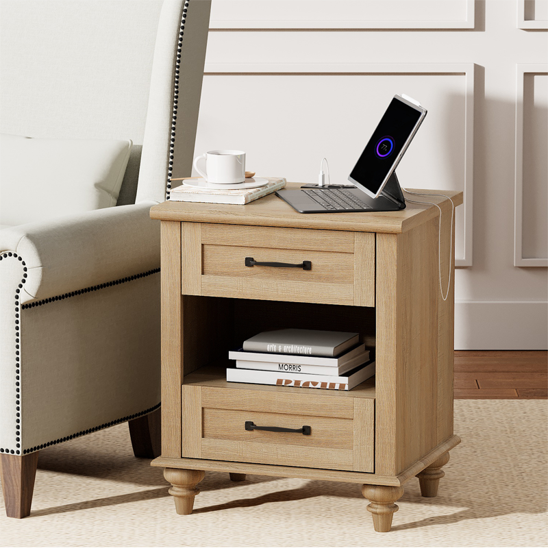 MDF Rectangle End Table with Charging Station - Oak