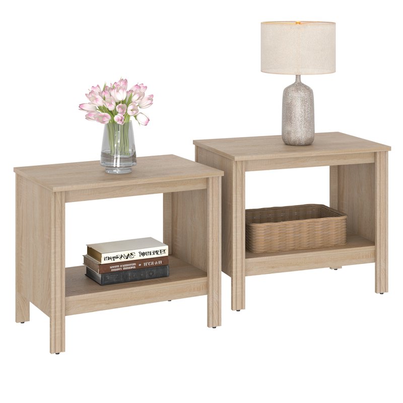 Wooden End Table Set of 2 - Stylish Oak Storage Nightstands