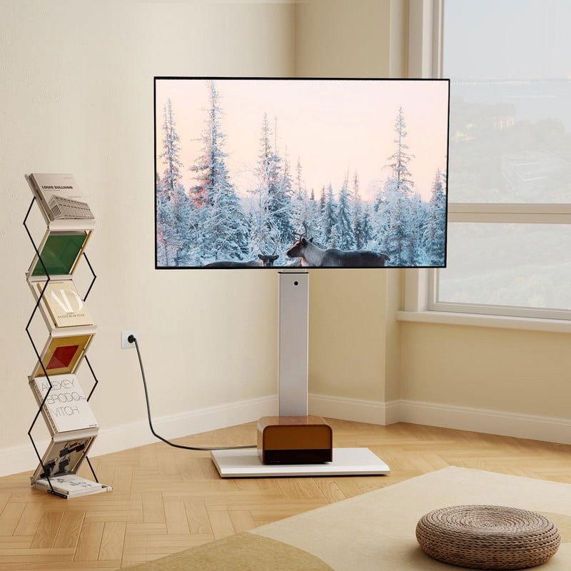 Modern White Swivel Floor TV Stand for 27-65 Inch TVs with Power Strip