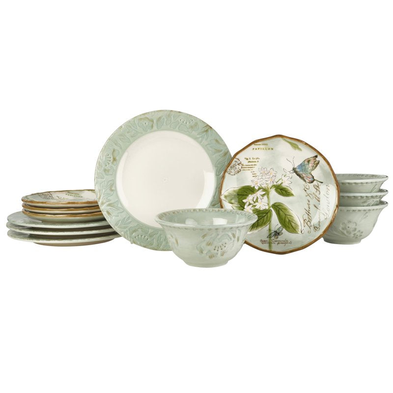Toulouse 12-Piece Green Stoneware Dinnerware Set - Service for 4