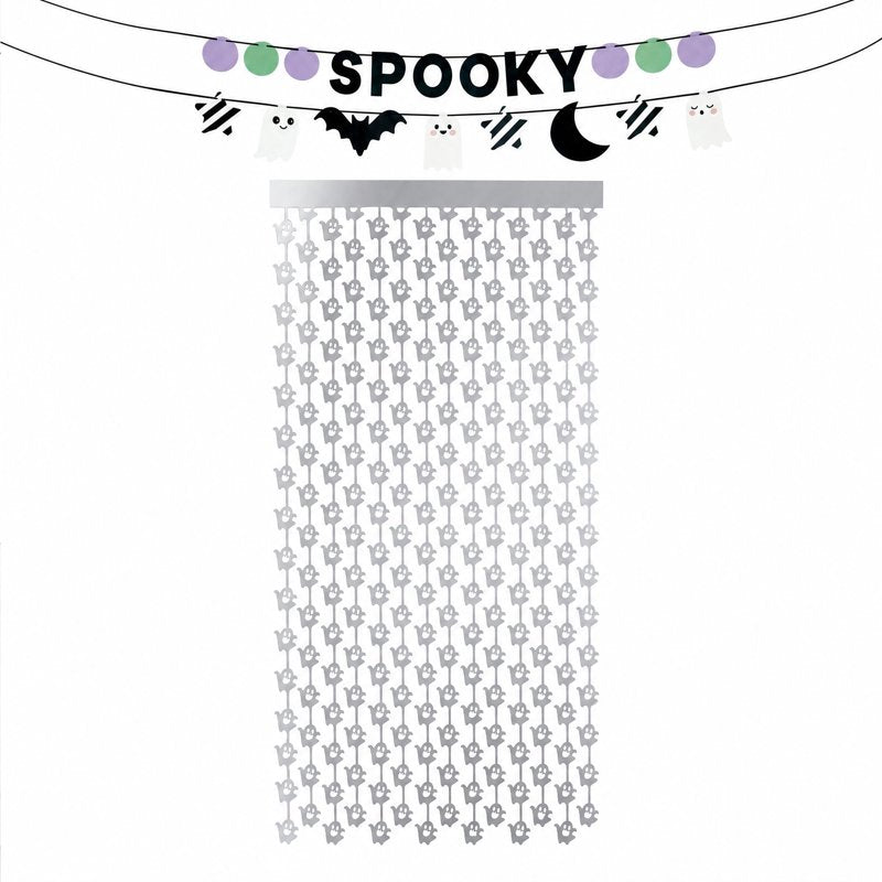 Halloween Door Decoration Set with Fringe Curtain and Spooky Banner - Silver and Black
