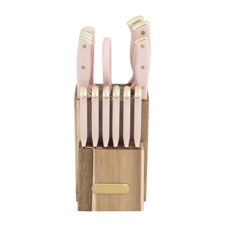15-Piece Stainless Steel Knife Set with Acacia Block - Blush Gold