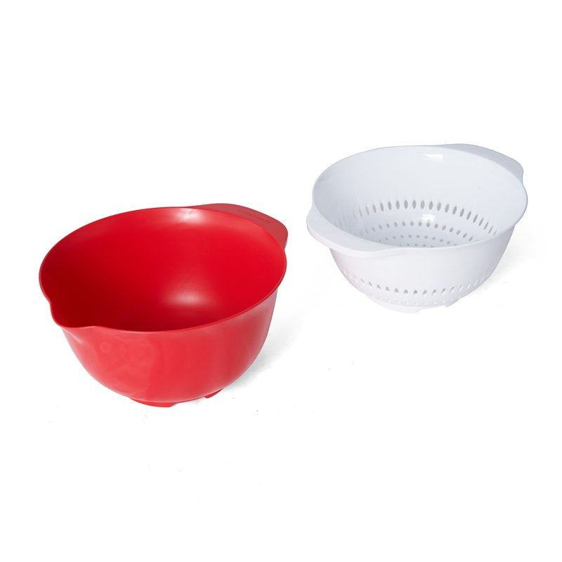 Mixing Bowl and Colander Set - Red & White, Dishwasher Safe