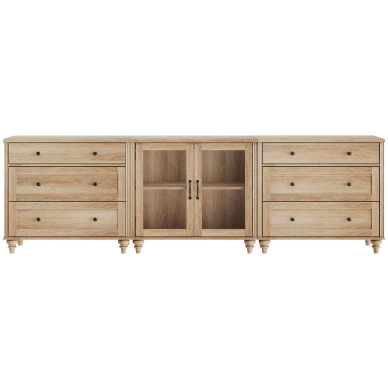 3-in-1 TV Stand for 75-90 Inch TVs - Oak Entertainment Center with Drawer & Glass Door