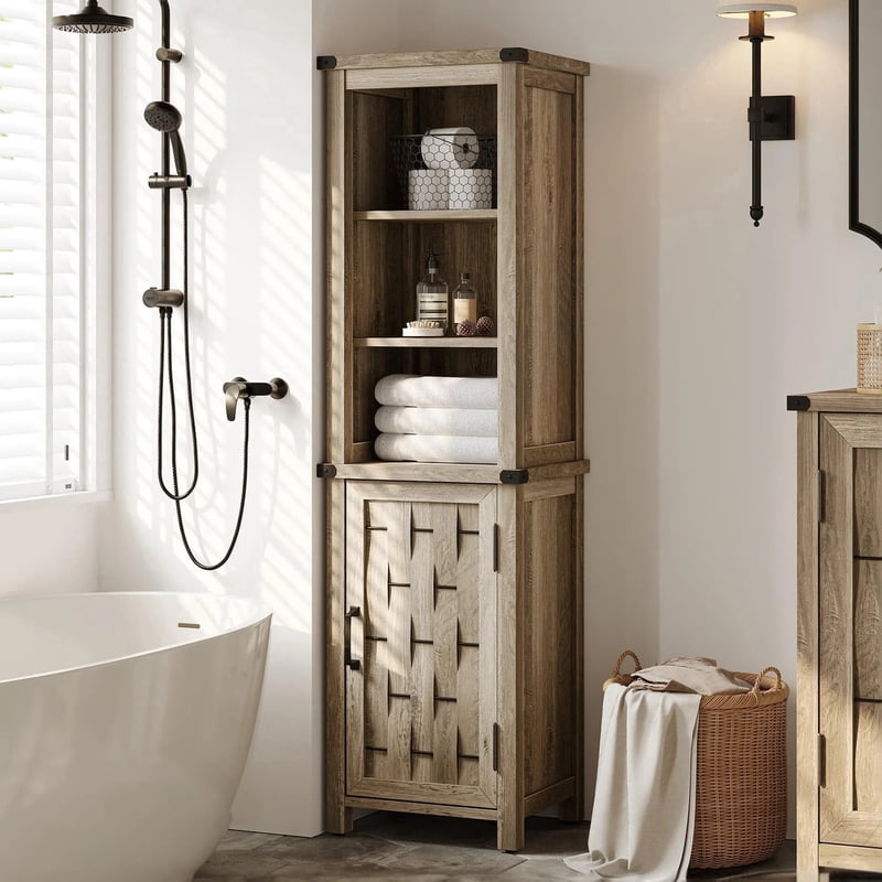 Adjustable Storage Cabinet with Door and Open Shelves - Rustic Style