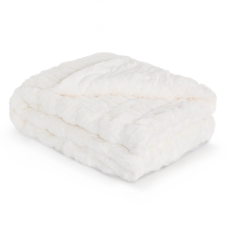 White Faux Fur Throw Blanket 50x60 Inch Rouched Design Luxury Cozy Home Decor
