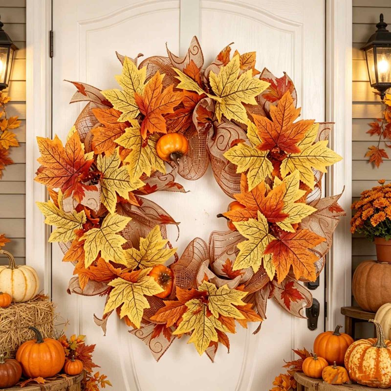 Fall Thanksgiving Pumpkin Maple Leaf Wreath Door Decor - Indoor Outdoor