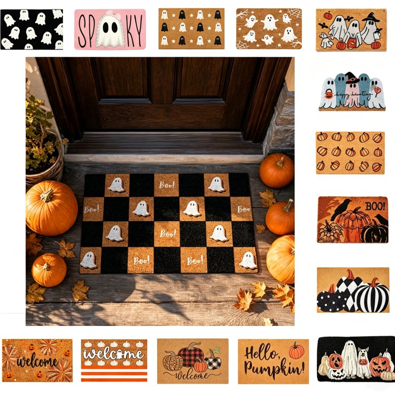 Halloween Checkerboard Ghost Doormat - Non-Slip Coir Floor Mat for Front Door B