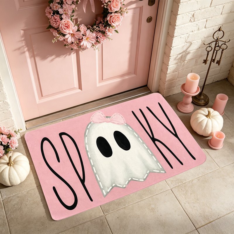 Pink Ghost Halloween Doormat - Cute Rubber Backing Indoor Outdoor Entryway - Variation O